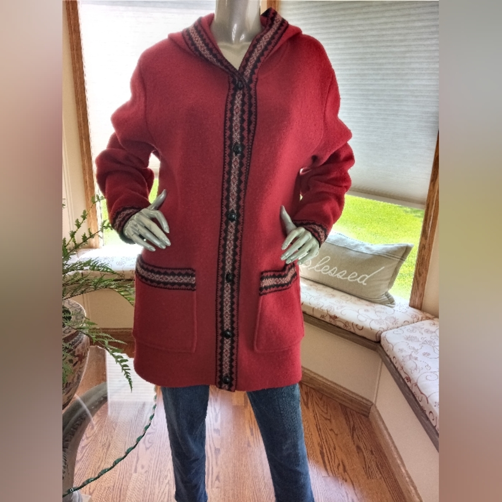 LL Bean Red Wool Hooded Coat Size L